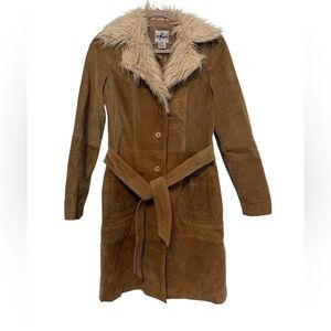 Vintage Beware Tan Leather Midi Jacket with Faux Fur Collar (Size M)